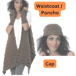 May include: A brown knitted waistcoat or poncho with a V-neck and a brown knitted cap. The text "Waistcoat / Poncho" and "Cap" are written on orange labels.