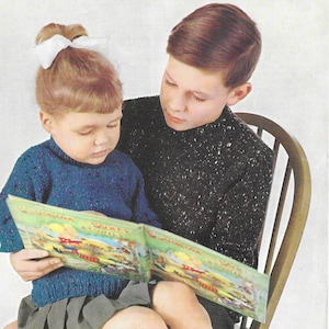 Kinder Pullover Vintage Strickmuster 2 bis 13 Jahre • Jungen, Mädchen Rundhals Pullover • PDF Sofort Download • Patons Adlerfarn Tweed