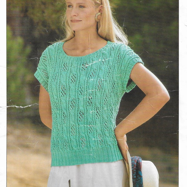 Ladies Lacy Cable Top Knitting Pattern • Womens Cap Sleeved Summer Jumper • Vintage 1980s • 30-40" •  Hayfield DK, PDF Instant Download