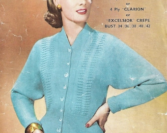 Cárdigan para mujer / Patrón de tejido vintage de los años 50 / Damas, niñas / 34-42" / 4 capas / Descarga instantánea en PDF