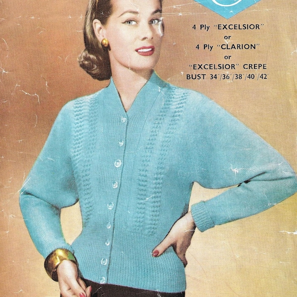 Womens Cardigan / Knitting Pattern Vintage 1950s / Ladies, Girls / 34-42" / 4 Ply / PDF Instant Download