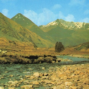 In Glen Sheil, Wester Ross, Ross-Shire, Ecosse • vintage usagé carte postale ancienne 1986 • Montagnes, rivière, moutons