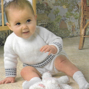 PDF Knitting Pattern Baby Sweater &  Pants • 16-20&quot; • Babies Jumper with Short Pants • PDF Instant Download • Sirdar Snuggly DK