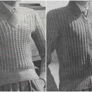 Boys Teenagers Sweater & Zipper Jacket Vintage Knitting Pattern • Jumper, Zipped Cardigan • 1950s • 32-36&quot; • Patons DK • PDF Download