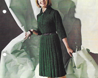 May include: A vintage knitting pattern for a green dress with a collared neckline and a belt. The pattern is called "Patons Bracken Tweed Double Knitting" and is for sizes 34-38 inch bust. The pattern number is 9086 and the price is 9d.