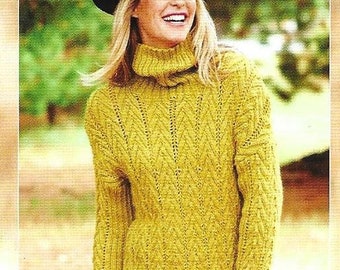 May include: A yellow knitted sweater with a turtleneck and a cable knit pattern. The sweater has a loose fit and long sleeves.