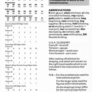 May include: A knitting pattern for a sweater with instructions for different sizes. The pattern includes yarn requirements, abbreviations, and a glossary of knitting terms.