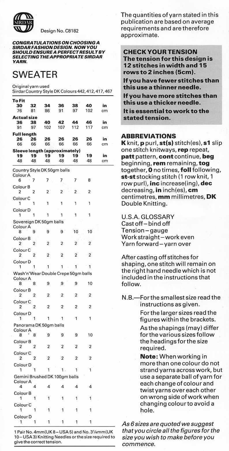 May include: A knitting pattern for a sweater with instructions for different sizes. The pattern includes yarn requirements, abbreviations, and a glossary of knitting terms.