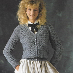 Womens Cardigan Knitting Pattern, PDF, 1980&#39;s Vintage V Neck Cardigan in Lace Pattern, 32-38&quot;, Patons Clansman DK, Light Worsted, 8 Ply 7145