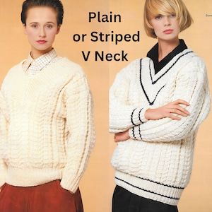 Ladies Sweater Knitting Pattern, Plain & Striped V Neck Jumper, 30-40&quot;, PDF Download, Patons Chunky 3423