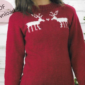 Christmas Knitting Pattern • Ladies Reindeer Sweater 32-46" • Festive Christmas Jumper • PDF Instant Download • Wendy Chunky