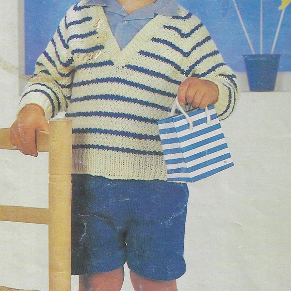 PDF Knitting Pattern for Childs Striped Sweater, Pants & Beret • 20-24" • Easy Knit, Toddlers Jumper, Short Pants • Peter Pan Darling DK