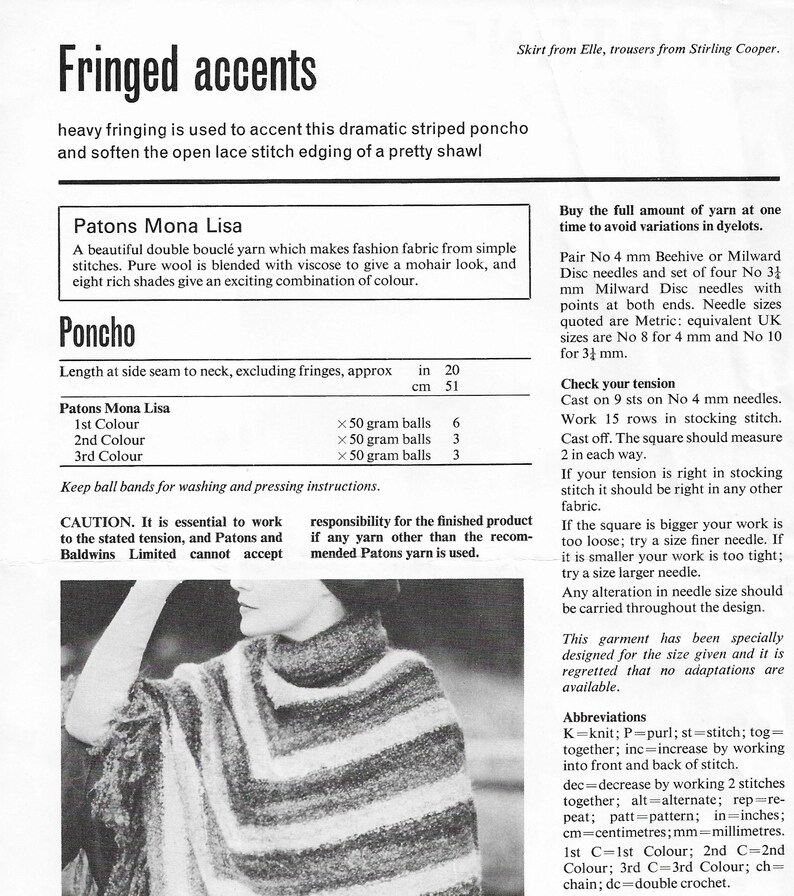 Poncho & Schal für Frauen Vintage Strickanleitung Umhang, Wrap mit Fransen PDF Download Patons Mona Lisa 1459 Bild 2