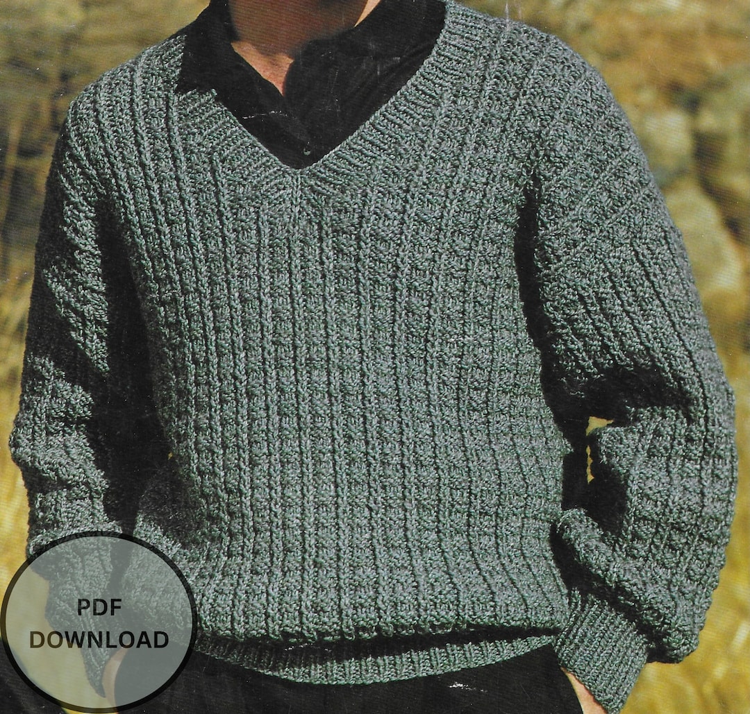 Mens Chunky Sweater Knitting Pattern 3444/86112cm Easy Knit V Neck