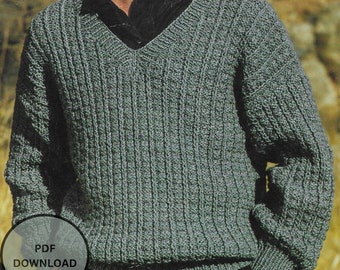 Patrón de tejido de suéter grueso para hombre • 34-44"/86-112 cm • Suéter de cuello en V fácil de tejer • Descarga instantánea • Patons Beehive Shetland Chunky 3571