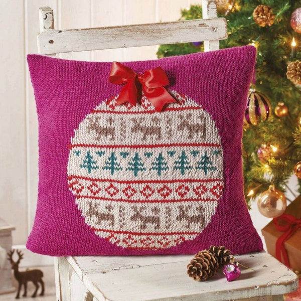 Christmas Cushion Cover Knitting Pattern Vintage • Bauble, Fair Isle design • 18" x 18" • Winter Season Home Decor • Rico Yarn