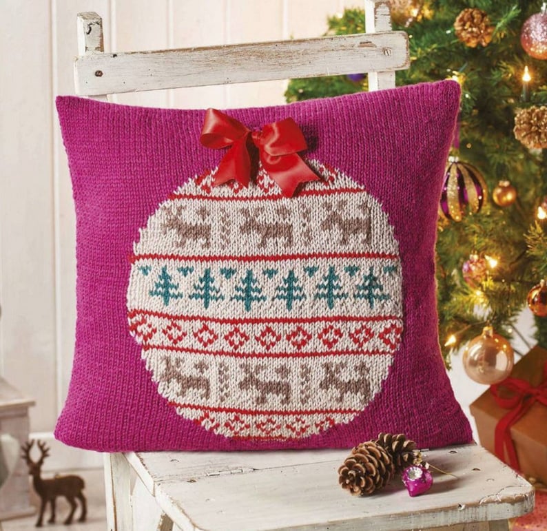Christmas Cushion Cover Knitting Pattern Vintage Bauble, Fair Isle