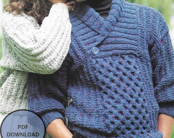 Mens & Womens Chunky Sweater PDF Vintage Knitting Pattern • 30-44"/76-112cm • Unisex V Neck Jumper • Instant Download • Hayfield Chunky