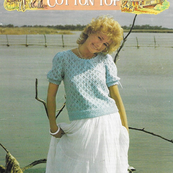 Womens Top Knitting/Crochet Pattern • 30-38" • PDF Download • Scoop Neck Summer Top, Puffed Sleeves • Vintage Patons Cotton Top 7128