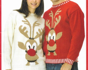 Modello di maglia per maglione natalizio Rudolph • Maglione festivo unisex da uomo e da donna con renne • 30-48" • Wendy DK • Download immediato del PDF