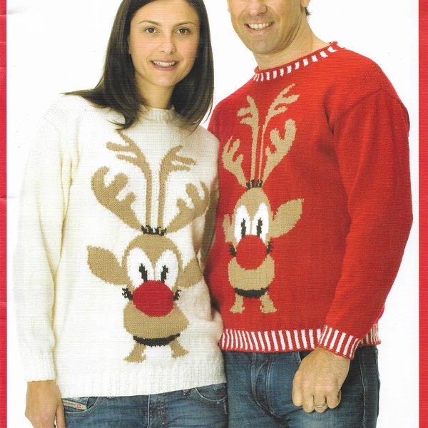 Modèle de tricot de pull de Noël Rudolph • Pull de renne festif unisexe pour femmes, hommes • 30-48" • Wendy DK • PDF Téléchargement instantané