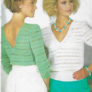 Womens V Neck/Round Neck Sweater Vintage Crochet Pattern • Ladies, Girls Jumper • 32-42" • 1980's Robin 4 Ply • PDF Instant Download