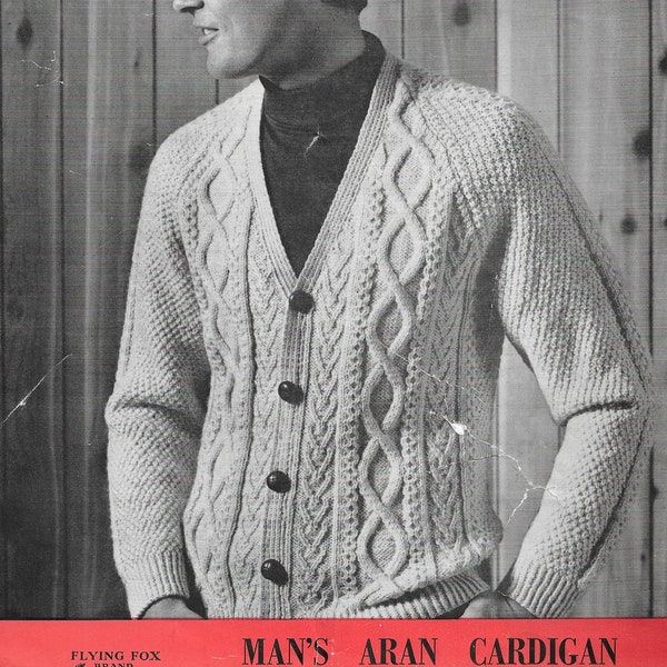Mens Aran Cardigan Knitting Pattern • Vintage 1970s Jacket • 38-44" • PDF Download • GarryOwen • FF.30