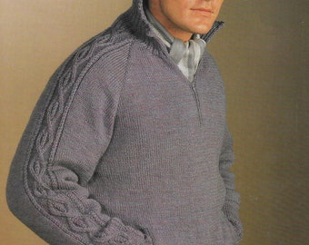 Patrón de tejido de suéter con cremallera para hombre, de gran tamaño, más grande, tallas grandes, 42-60", cable en las mangas, bolsillos laterales, descarga instantánea en PDF, Jarol DK