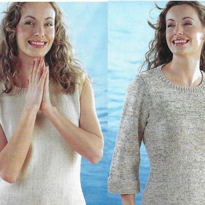 May include: Two images of a woman wearing knit tops. The first is a sleeveless, cream-colored top. The second is a long-sleeved, crew-neck sweater in a speckled beige and gray pattern. Both tops have a simple, classic design.