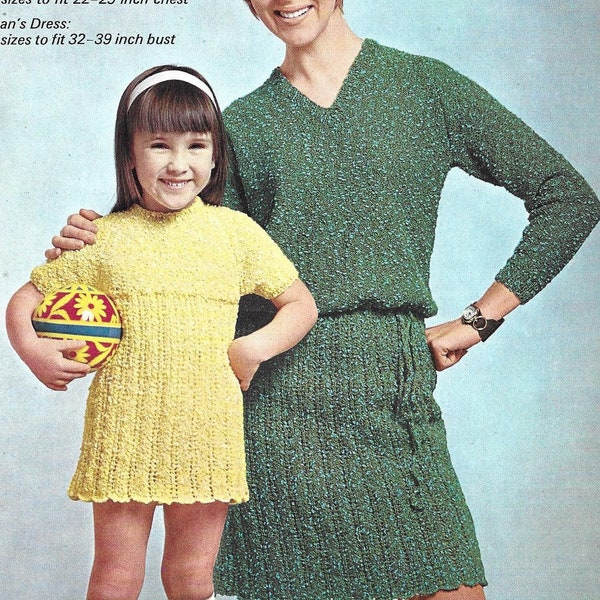 Ladies & Girls Knitted Sweater Dress / Vintage Knitting Pattern / 1960s / Mini-Me / 22-39" / PDF Instant Download / Summer Dresses