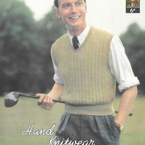 Mens Sweater Jumper Vintage Knitting Pattern Male Jumper 38&quot; chest • V Neck Pullover with/without sleeves PDF Instant Download Patons / 182