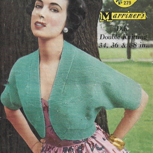 May include: A vintage knitting pattern for a teal blue cropped cardigan with a V-neck. The pattern is for sizes 34, 36, and 38 inches. The pattern is from Marriner's Knitting Wools, No. 279.