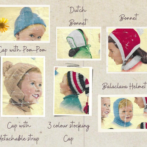 Six Children's Caps Vintage 1950s Knitting Pattern • From 2 to 6 years • PDF Instant Download • Marriner's DK 465