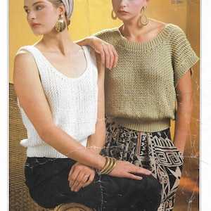 Womens Top and Vest PDF Knitting Pattern Vintage 1980s • Ladies Summer Short Sleeve Top & Sleeveless Top  • 32-38&quot; • Phildar 2052 / (254)