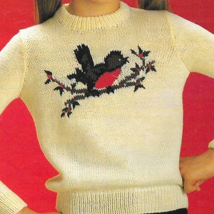 Childrens Sweater PDF Knitting Pattern • Boys, Girls Christmas Robin Jumper • 24-32&quot; • PDF Download • Vintage Sirdar DK