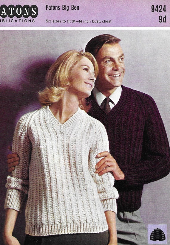 Womens/mens Sweaters Knitting Pattern Vintage V Neck Raglan Jumpers Patons  Big Ben 34-44 PDF Instant Download 