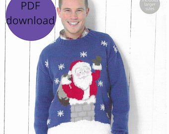 Mens PDF Christmas Knitting Pattern • Santa in the Chimney Festive Jumper 32-54" Larger Sizes • PDF Instant Download • Sirdar DK