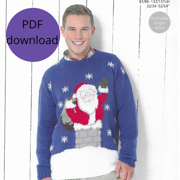 Mens PDF Christmas Knitting Pattern • Santa in the Chimney Festive Jumper 32-54" Larger Sizes • PDF Instant Download • Sirdar DK