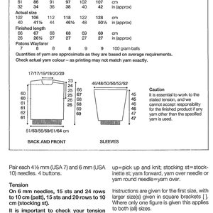Puede incluir: Un patr&oacute;n de tejido para un su&eacute;ter con instrucciones para diferentes tama&ntilde;os. El patr&oacute;n incluye medidas en cent&iacute;metros y pulgadas, requisitos de hilo y una advertencia sobre el uso del hilo especificado.