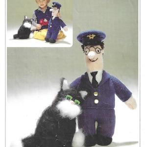 May include: Knitting pattern for a Postman Pat doll and a black and white cat. The pattern is from Wendy and is for DK and mohair yarn.