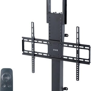 May include: A black, motorized TV lift stand with a remote control. The stand features a rectangular base, a central column, and a bracket for mounting a television. The remote has four buttons. The brand name "VIVO" is visible.