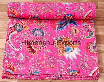 Jeté à imprimé floral rose Kantha