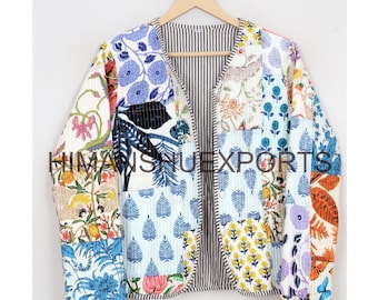 Patchwork Women Beach Wear Quilted Jackets, Bridal Winter Summer Dressing Jackets, Cotton Reversible V Neck Jackets, Bohemian Style Jackets
