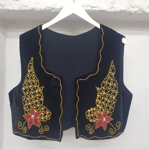 Floral Black vest/embroidered waistcoat/vintage  woman's vest