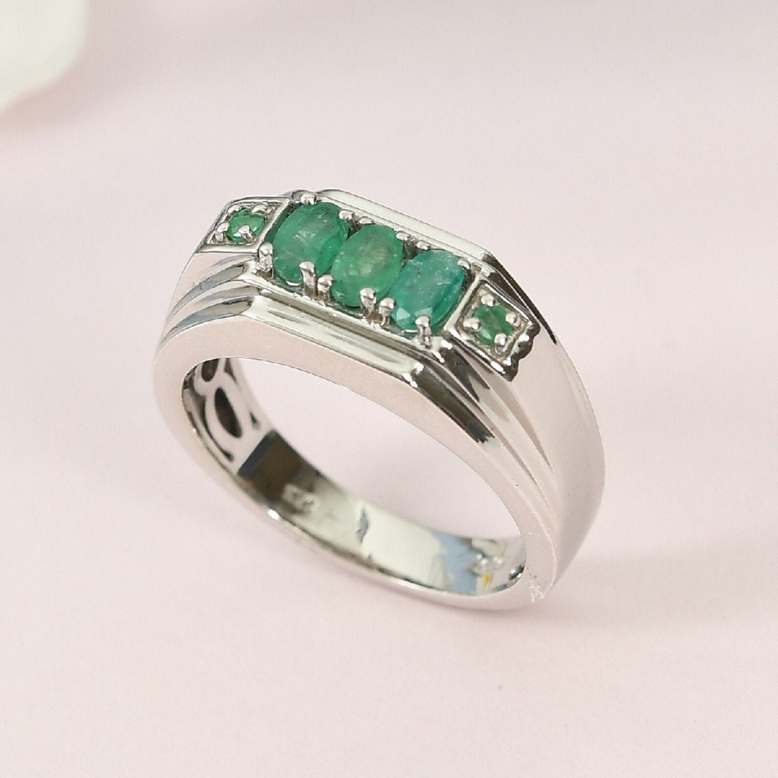 Mens Natural Emerald Ring Oval and Round Cut Emerald Three Etsy