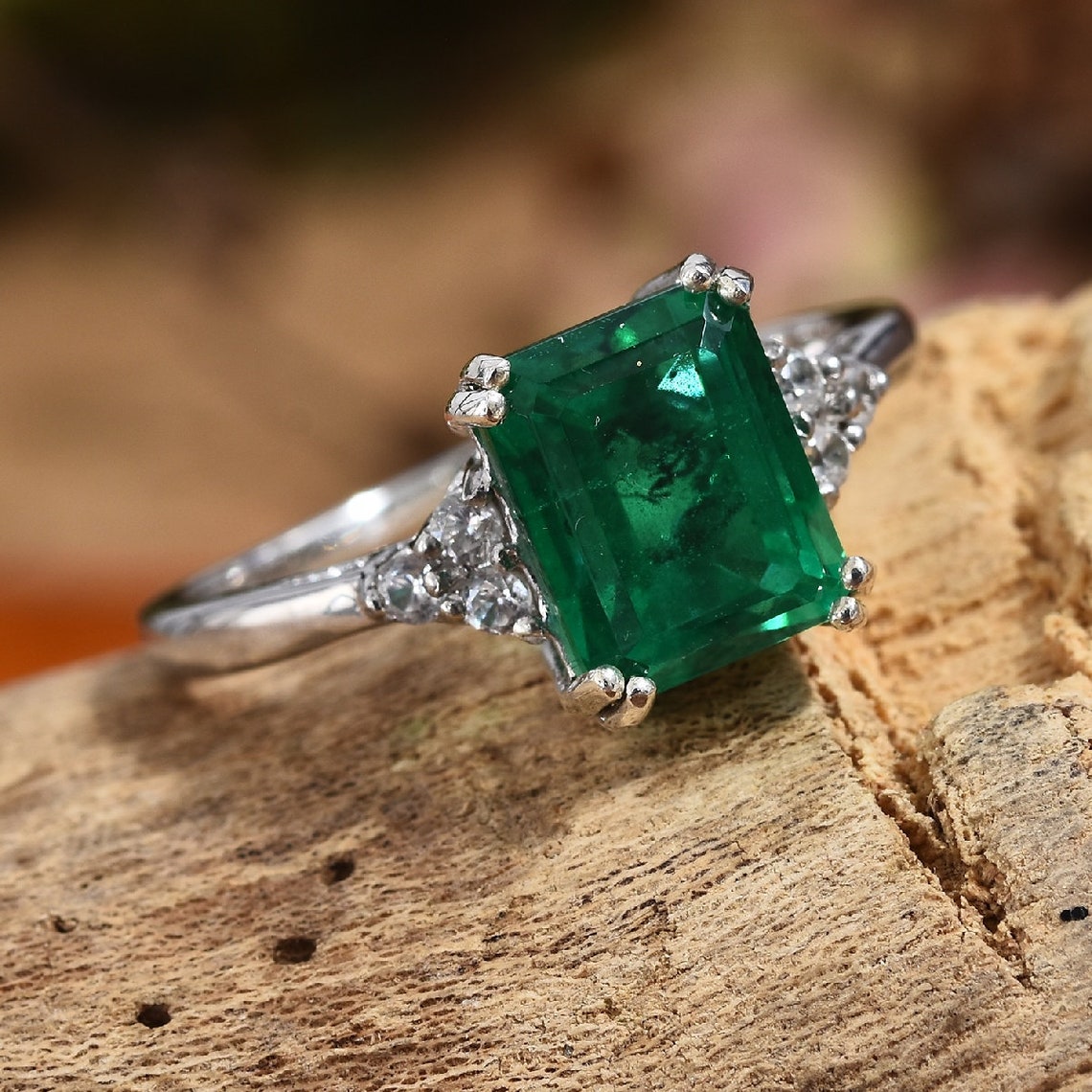 Emerald Cut Emerald Ring Lab Created Emerald Ring Dainty Etsy