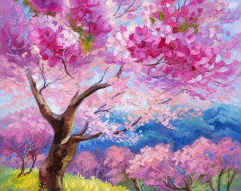 Lente landschapskunst kersenbloesem olieverfschilderij op canvas roze sakura bloeiende muur decor interieur woonkamer muur kunst cadeau voor vrouw