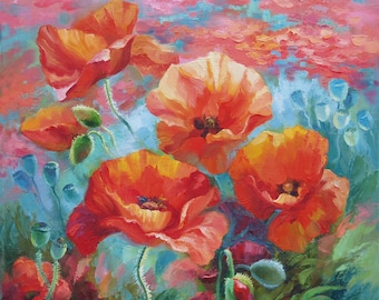 Red flowers field oil painting Fine art Flower painting on canvas Floral art Flowers wall art Original painting Living room Gift for women