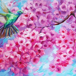 Pintura acrílica original sobre lienzo de colibrí de sakura rosa, arte mural de flor de cerezo, flores sobre lienzo, regalo de San Valentín, decoración del hogar