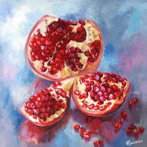 Pomegranate oil painting for kitchen Fruit painting Kitchen still life Red pomegranate art Gift for women